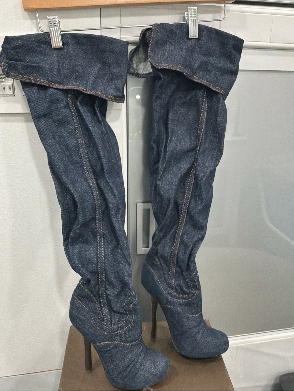 bebe Denim Over the Knee Stiletto Boots Dark Blue Y2K